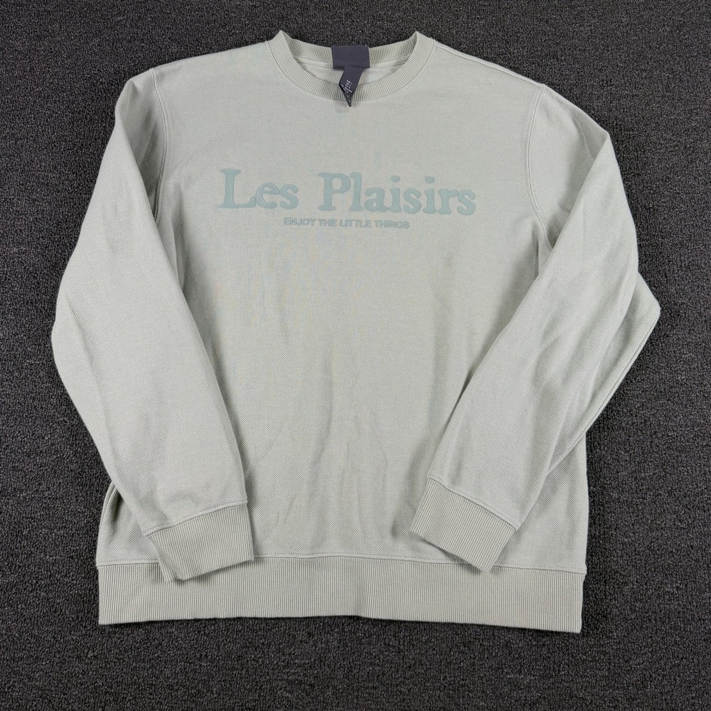H&M Sweatshirt Mens L Les Plaisirs Graphic Sage Green Textured Pullover EUC